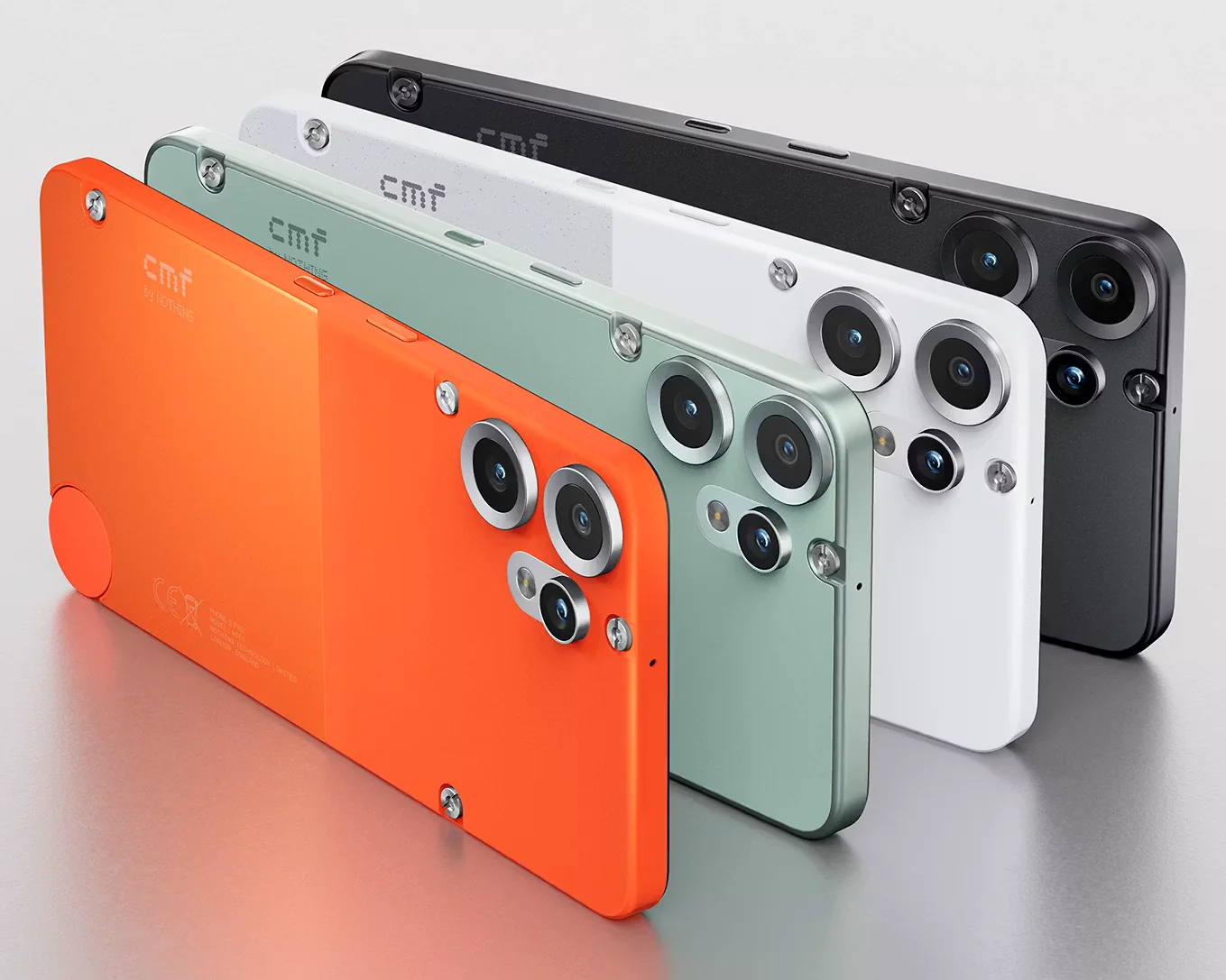 The CMF Phone 2 Pro in White, Black, Orange, & Light Green