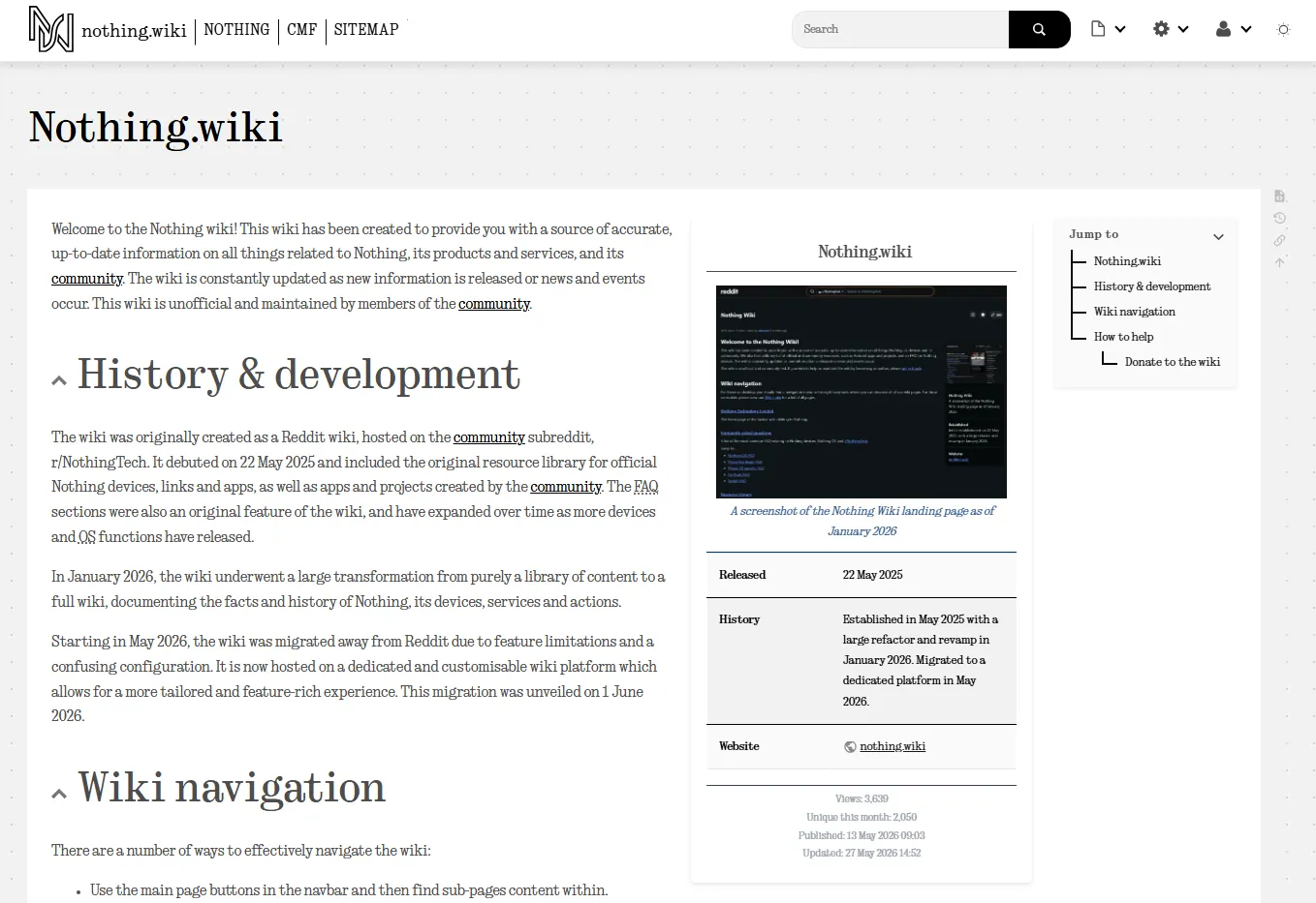 A screenshot of the Nothing Wiki landing page as of June 2026