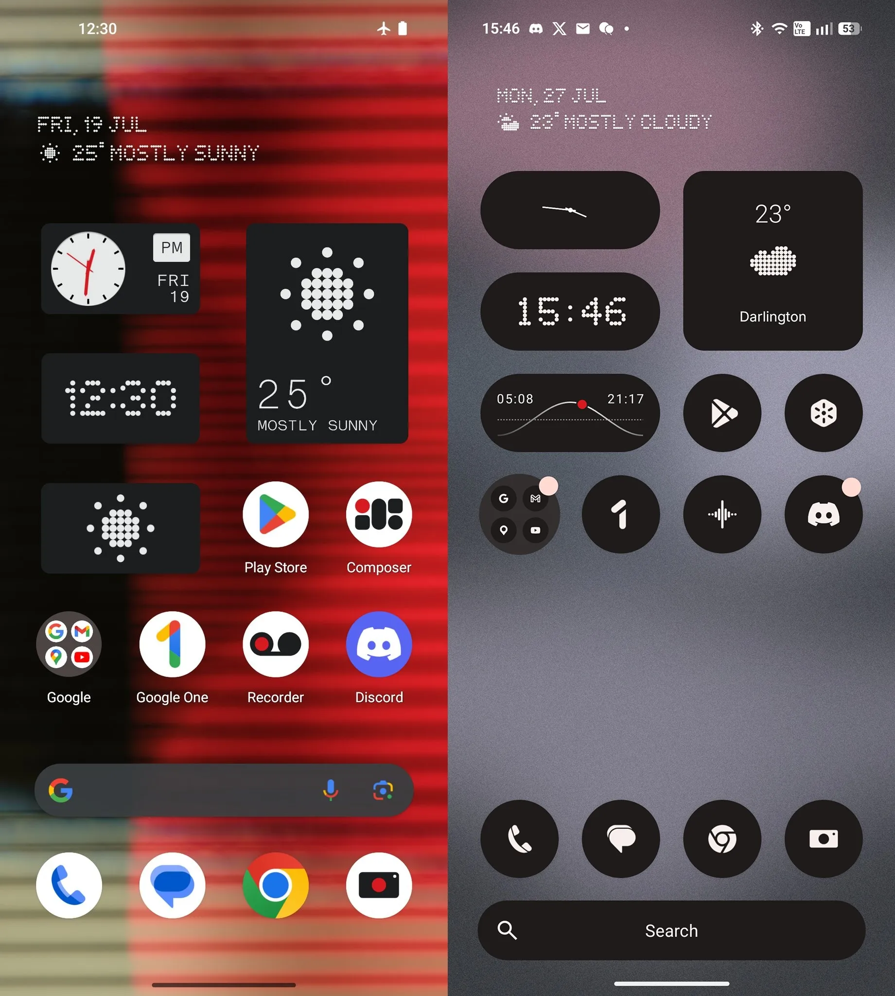  A Nothing OS home screen on Nothing OS 1.0 vs a similar screen on Nothing OS 4.1. Source: [[https://x.com/its_adbo/status/1814263434239754733|@its_adbo on X]]